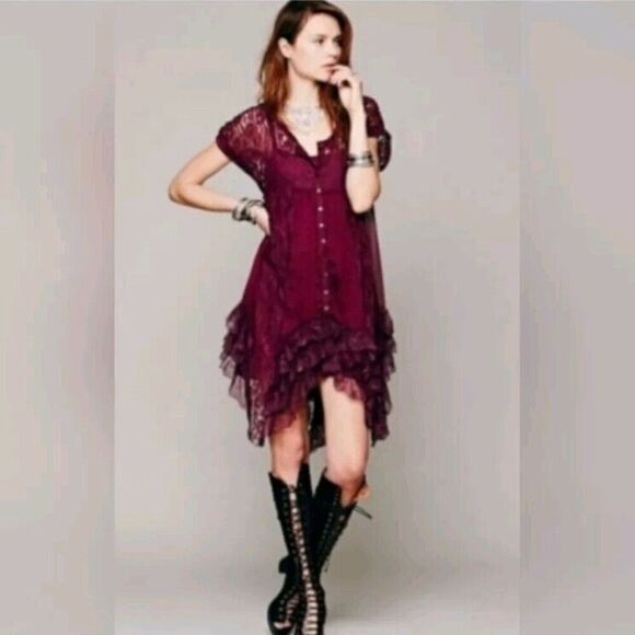 Free People Praire Ruffled Dress In Burgundy Lace Women's Size Large No Slip - Picture 1 of 11